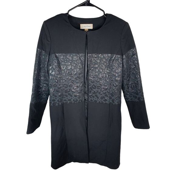 Calvin Klein Womens Black & Shimmering Leopard Print Long Jacket Size 4 - Picture 1 of 7